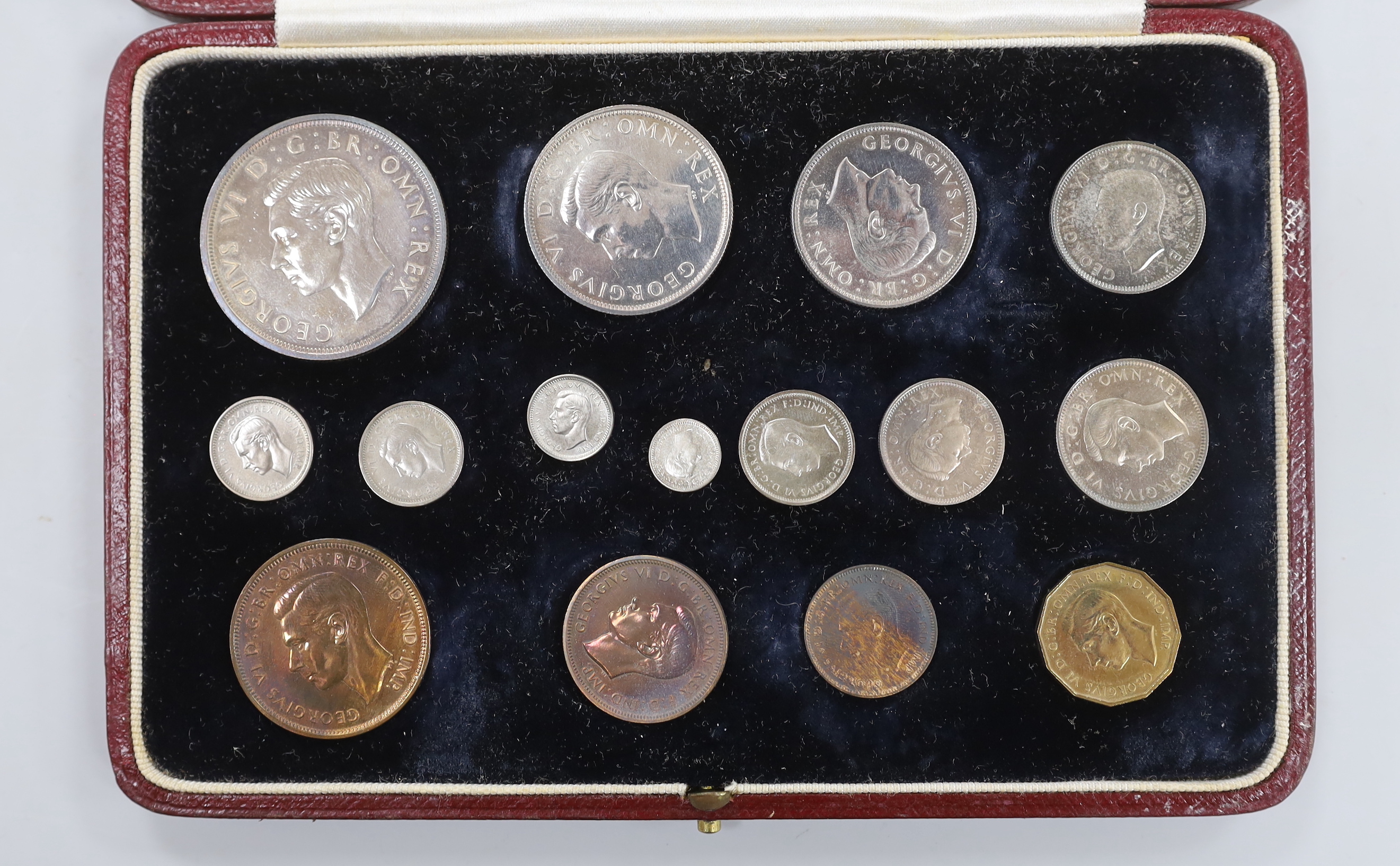 A cased George VI 1937 coronation specimen coin set, Including maundy 1d - 4d, and farthing through to crown, 15 coins